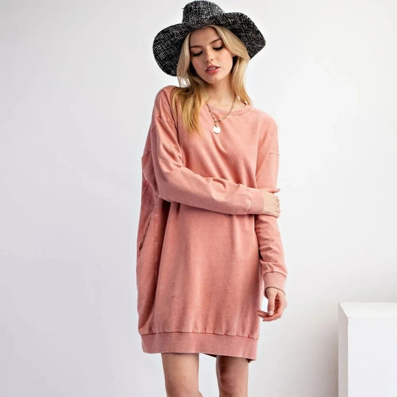 New Easel Mineral Washed Cotton Knit Long Sleeve Pullover Dress - Picture 2 of 6